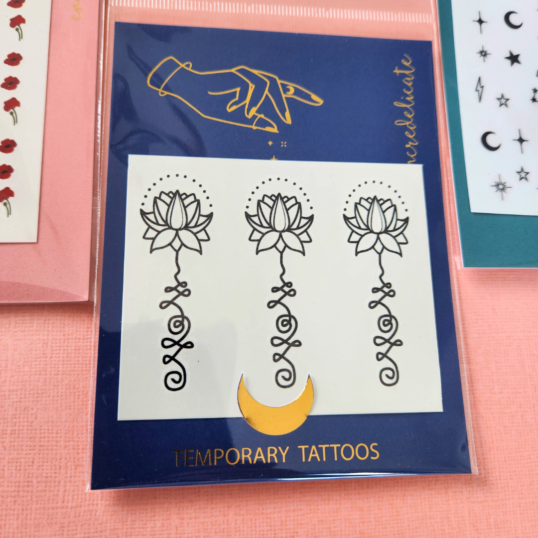 Tatouage temporaire artistique de fleur de lotus unalome en noir (lot de 3)