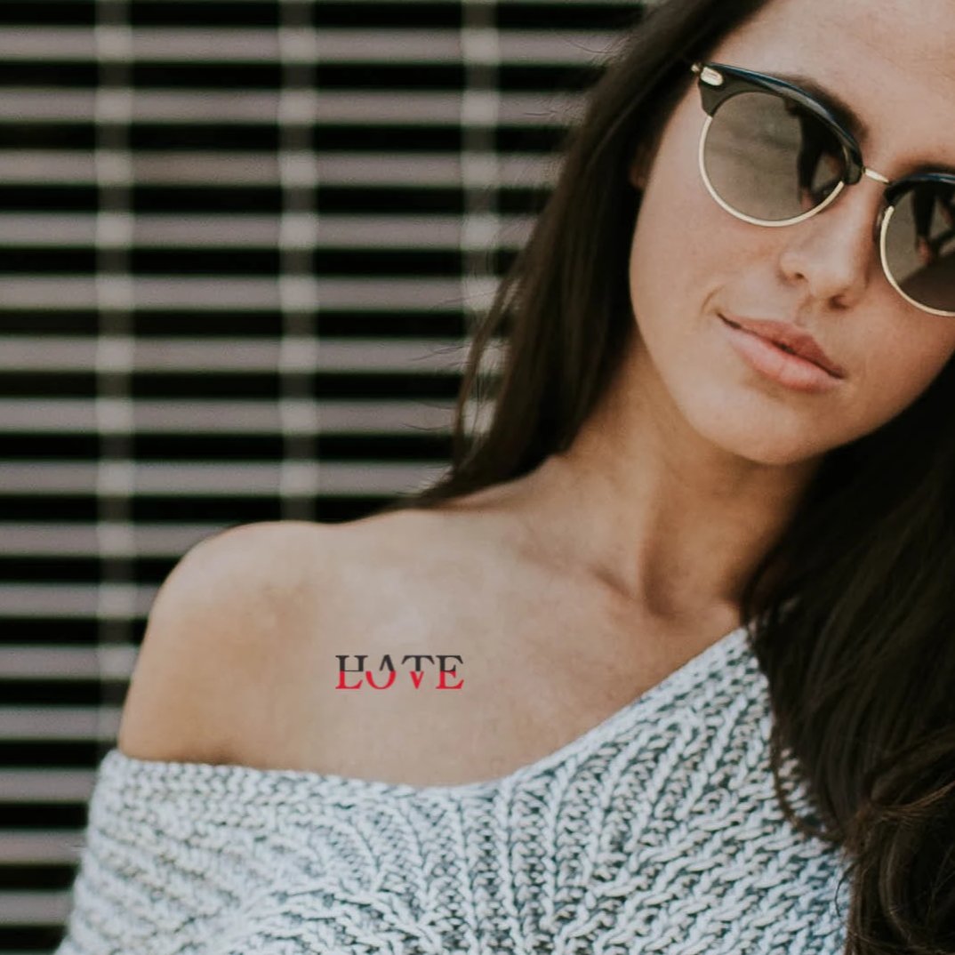 tatouage temporaire des mots love et hate (lot de 4) - encredelicate
