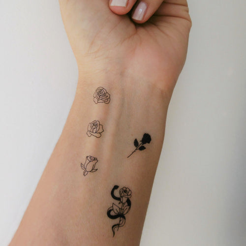 mini tatouages temporaires roses, serpent et poignard