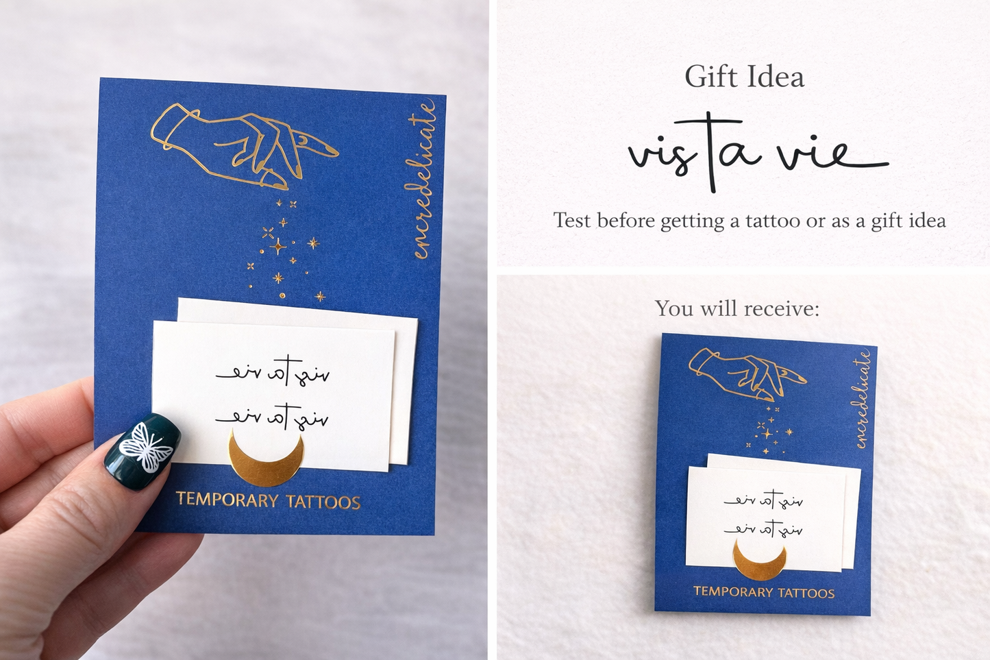 Tatouage temporaire “Vis ta vie” en écriture cursive minimaliste (set de 4) – Tattoo éphémère inspirant – Test avant tatouage