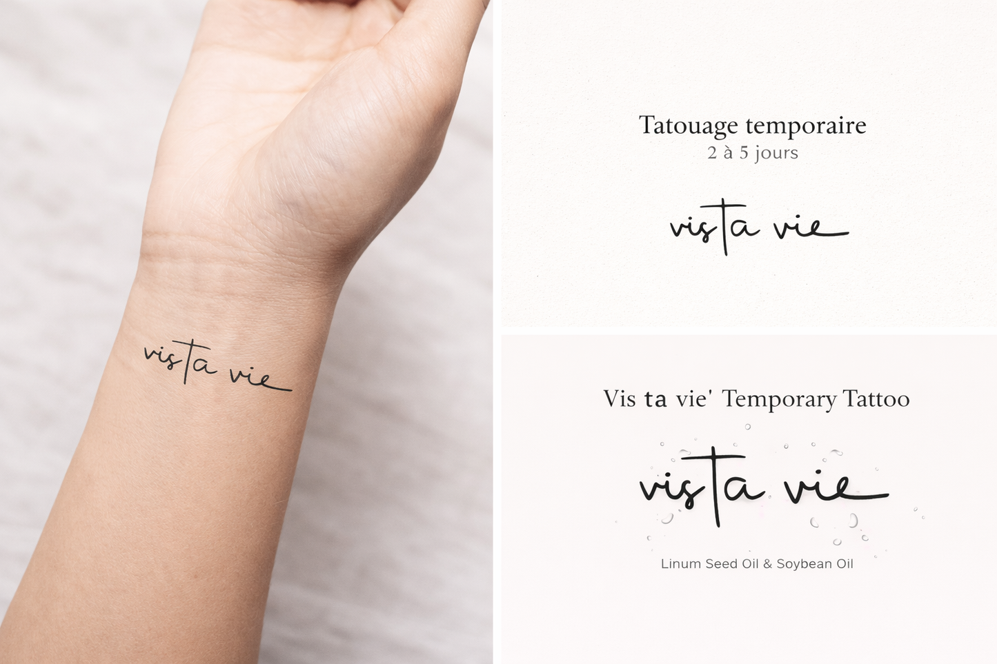 Tatouage temporaire “Vis ta vie” en écriture cursive minimaliste (set de 4) – Tattoo éphémère inspirant – Test avant tatouage