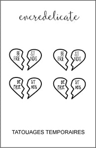 tatouage temporaire best friends avec deux moitiés de coeur  (lot de 4) - encredelicate 