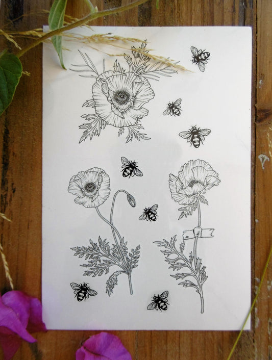 tatouage temporaire coquelicots et abeilles vintage