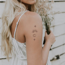 Charger l&#39;image dans la galerie, Tatouage temporaire lune, étoiles et soleil avec les rais de lumière